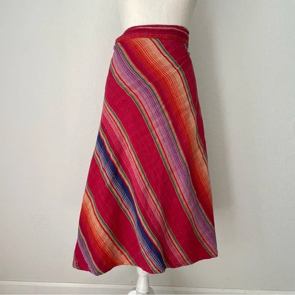 VINTAGE SARAPE COTTON WRAP SKIRT RAINBOW MULTICOLOR STRIPED MIDI - Picture 3 of 13